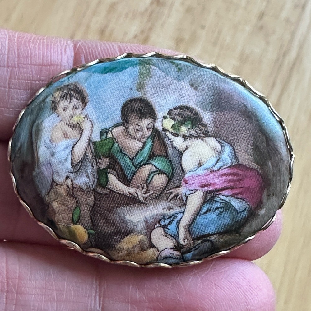 VTG Boys Playing Dice Art Print Brooch Pin 1.75 Inch Milk Glass Gold Tone Frame